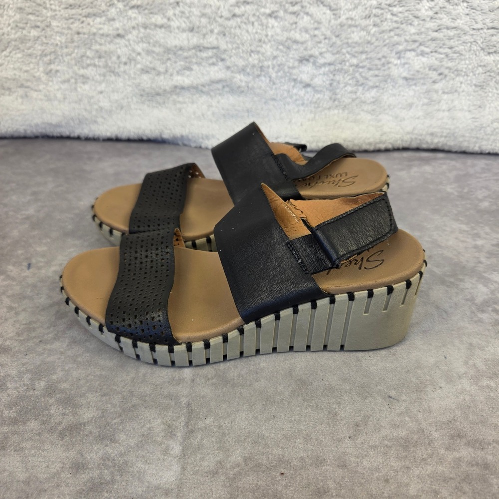Skechers Luxe Foam Black Leather Wedge Sandals 41230 Womens Size 6